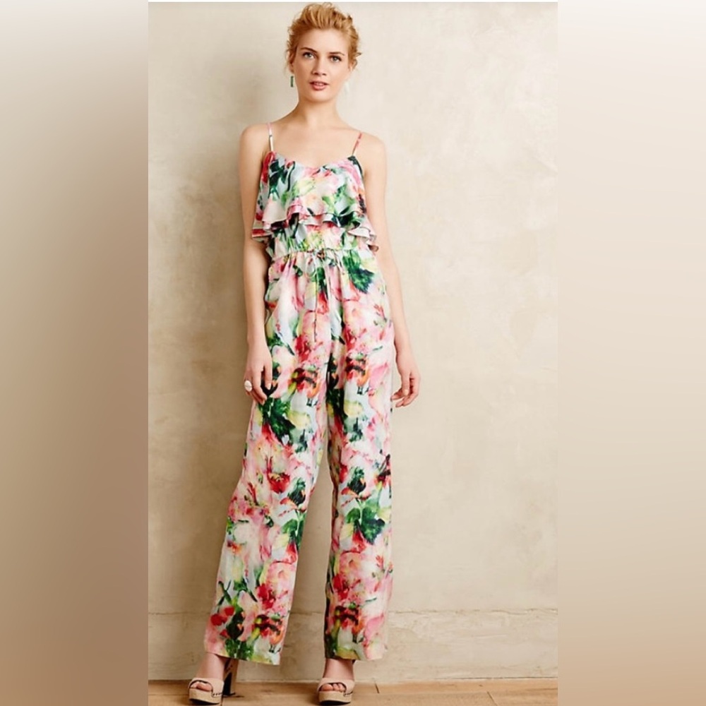 Anthropologie Fleur Wood Ikebana Silk Jumpsuit